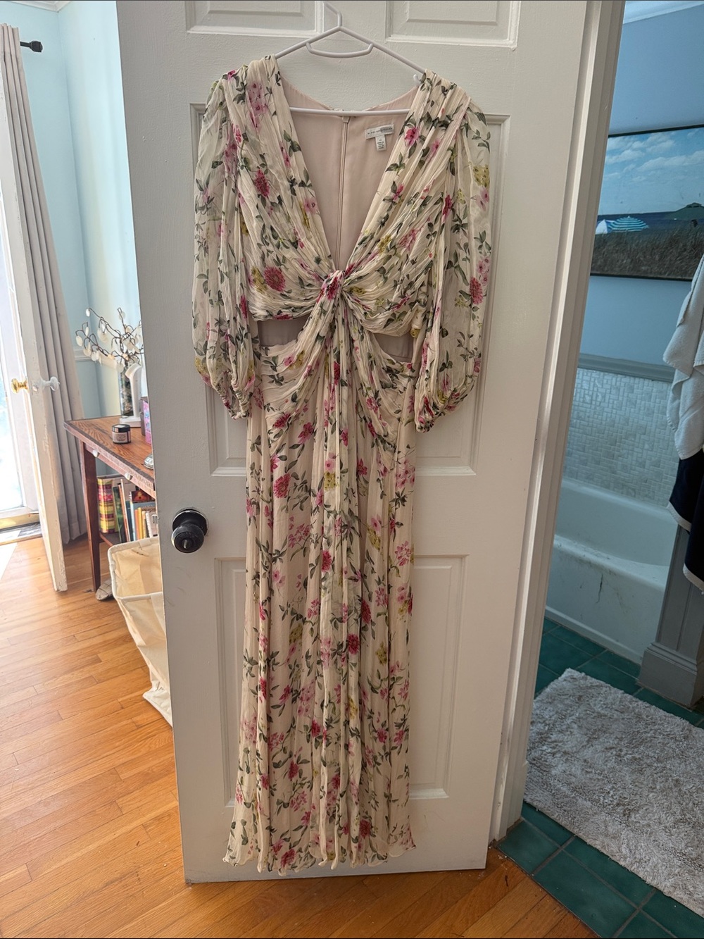 Monique Lhuillier Cream Floral Maxi Dress with Pink and Green Accents